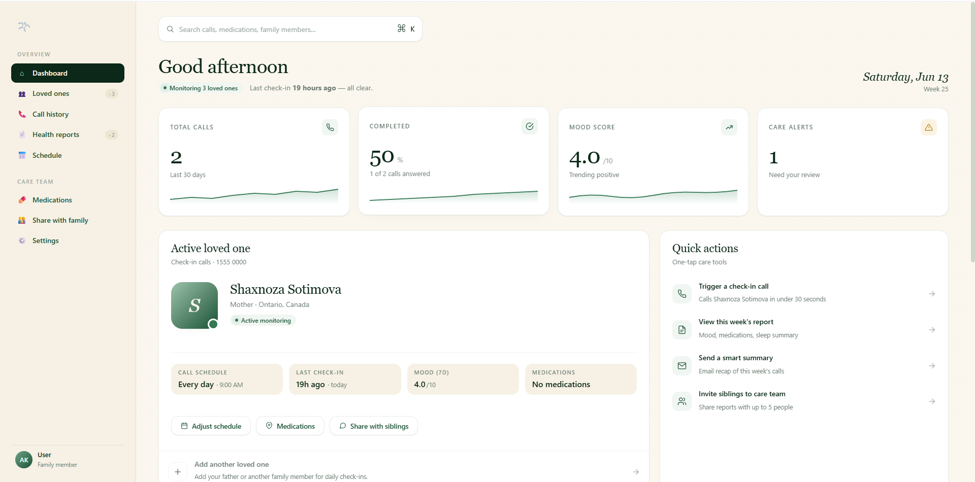 TortoiseAI family dashboard — daily check-in calls, mood score and care alerts